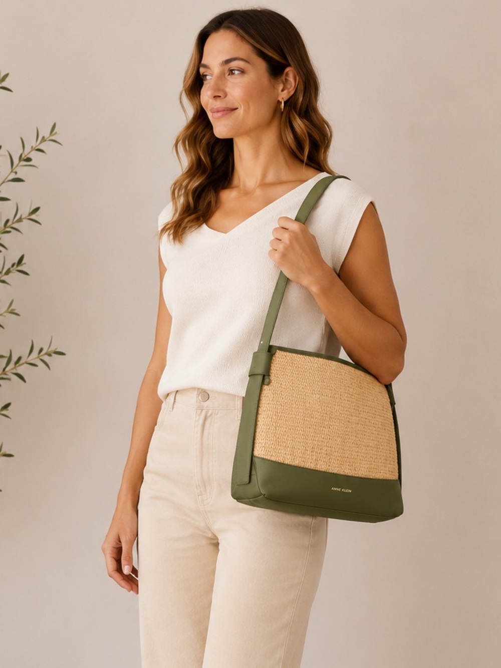 Anne Klein Olive and Natural Woven Shoulder Tote